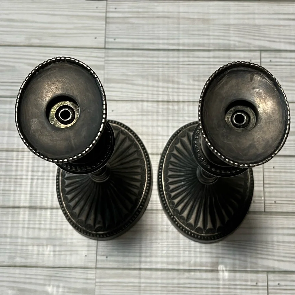 Vintage Weighted Pair of Neoclassical Pewter Candlesticks